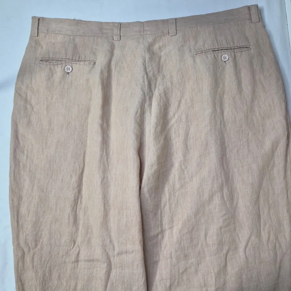 Inserch Linen Pants Mens 44 Relaxed Pleated Tan 100% Linen Cuffed Summer Beach